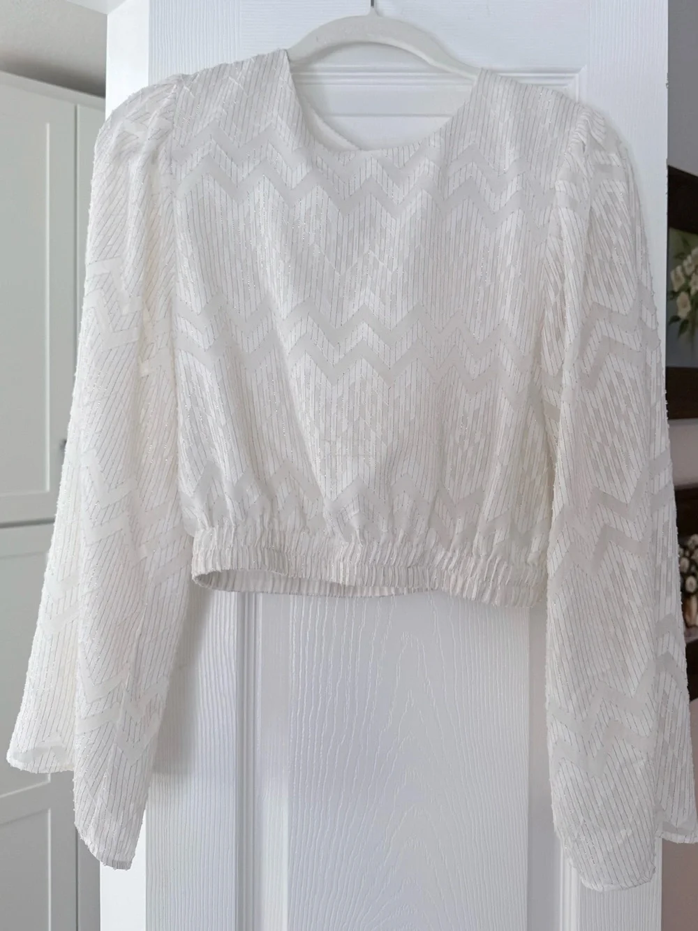 Wayf Cream Chevron-Texture Long Sleeve Blouse